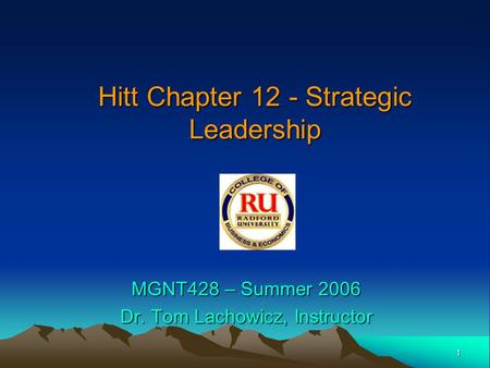Hitt Chapter 12 - Strategic Leadership