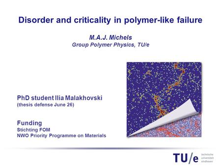 PhD student Ilia Malakhovski (thesis defense June 26) Funding Stichting FOM NWO Priority Programme on Materials Disorder and criticality in polymer-like.