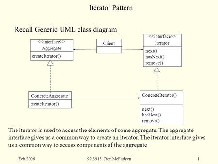 Feb 200692.3913 Ron McFadyen1 Iterator Pattern Recall Generic UML class diagram The iterator is used to access the elements of some aggregate. The aggregate.
