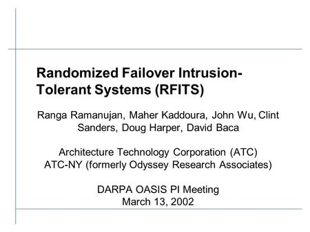 Randomized Failover Intrusion- Tolerant Systems (RFITS) Ranga Ramanujan, Maher Kaddoura, John Wu, Clint Sanders, Doug Harper, David Baca Architecture Technology.