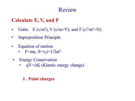 Review Calculate E, V, and F Units: E (c/m 2 ), V (c/m=V), and F (c 2 /m 2 =N). Superposition Principle 1. Point charges Equation of motion F=ma, S=v 0.