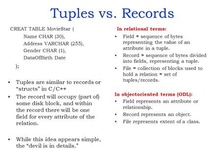 Tuples vs. Records CREAT TABLE MovieStar ( Name CHAR (30), Address VARCHAR (255), Gender CHAR (1), DataOfBirth Date ); Tuples are similar to records or.