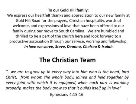 The Christian Team “…we are to grow up in every way into him who is the head, into Christ, from whom the whole body, joined and held together by every.