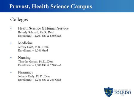 Provost, Health Science Campus Colleges Health Science & Human Service Beverly Schmoll, Ph.D., Dean Enrollment – 2,207 UG & 630 Grad Medicine Jeffrey Gold,