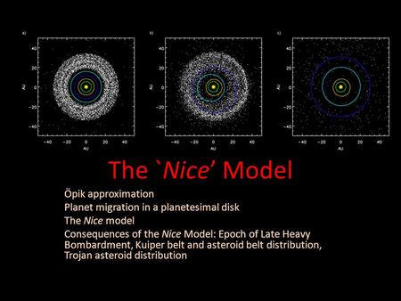 The `Nice’ Model Öpik approximation Planet migration in a planetesimal disk The Nice model Consequences of the Nice Model: Epoch of Late Heavy Bombardment,