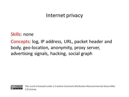 Skills: none Concepts: log, IP address, URL, packet header and body, geo-location, anonymity, proxy server, advertising signals, hacking, social graph.