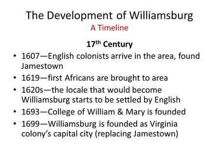 The Development of Williamsburg A Timeline
