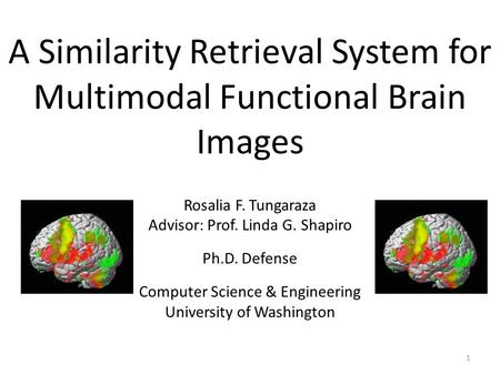 A Similarity Retrieval System for Multimodal Functional Brain Images Rosalia F. Tungaraza Advisor: Prof. Linda G. Shapiro Ph.D. Defense Computer Science.