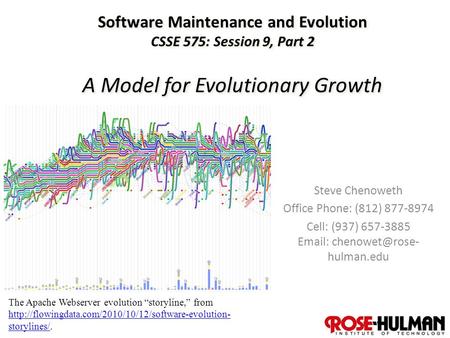 1 Software Maintenance and Evolution CSSE 575: Session 9, Part 2 A Model for Evolutionary Growth Steve Chenoweth Office Phone: (812) 877-8974 Cell: (937)