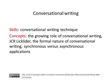 Skills: conversational writing technique Concepts: the growing role of conversational writing, JCR Licklider, the formal nature of conversational writing,