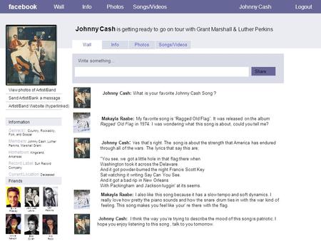 Facebook Johnny Cash is getting ready to go on tour with Grant Marshall & Luther Perkins WallInfoPhotosSongs/VideosJohnny CashLogout View photos of Artist/Band.