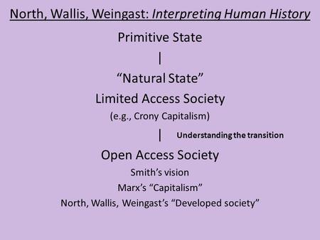 North, Wallis, Weingast: Interpreting Human History Primitive State | “Natural State” Limited Access Society (e.g., Crony Capitalism) | Open Access Society.