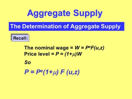 The Determination of Aggregate Supply Aggregate Supply Recall: The nominal wage = W = P e F(u,z) Price level = P = (1+  )W So P = P e (1+  ) F (u,z)