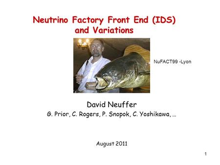 1 Neutrino Factory Front End (IDS) and Variations David Neuffer G. Prior, C. Rogers, P. Snopok, C. Yoshikawa, … August 2011 NuFACT99 -Lyon.