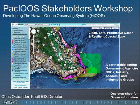 PacIOOS Stakeholders Workshop Developing The Hawaii Ocean Observing System (HiOOS) One-stop-shop for Ocean information Chris Ostrander, PacIOOS Director.