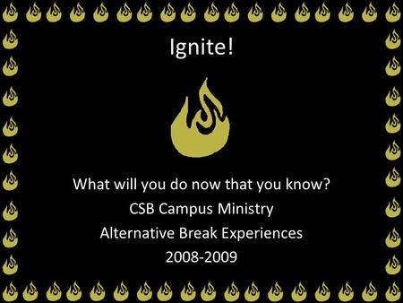 Ignite! What will you do now that you know? CSB Campus Ministry Alternative Break Experiences 2008-2009.