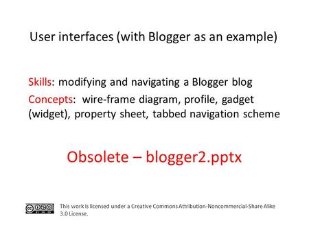 Skills: modifying and navigating a Blogger blog Concepts: wire-frame diagram, profile, gadget (widget), property sheet, tabbed navigation scheme This work.