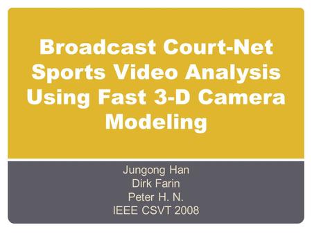Broadcast Court-Net Sports Video Analysis Using Fast 3-D Camera Modeling Jungong Han Dirk Farin Peter H. N. IEEE CSVT 2008.