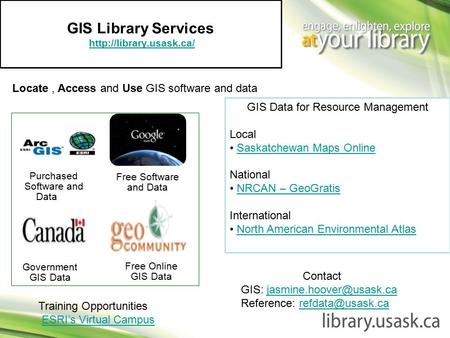 GIS Library Services  Locate, Access and Use GIS software and data Purchased Software and Data Free Software.