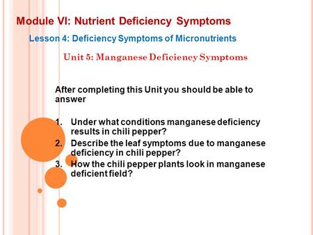 Module VI: Nutrient Deficiency Symptoms Lesson 4: Deficiency Symptoms of Micronutrients Unit 5: Manganese Deficiency Symptoms After completing this Unit.