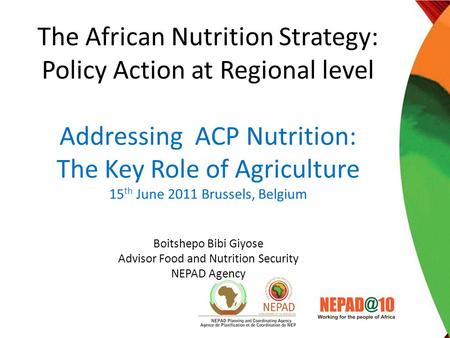 The African Nutrition Strategy: Policy Action at Regional level Addressing ACP Nutrition: The Key Role of Agriculture 15 th June 2011 Brussels, Belgium.