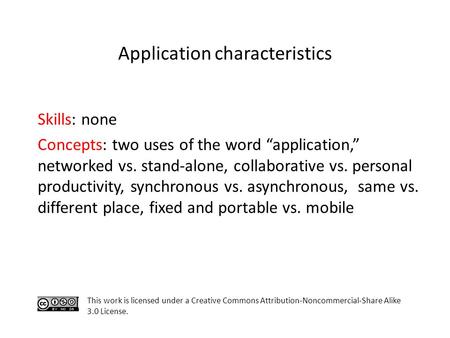 Skills: none Concepts: two uses of the word “application,” networked vs. stand-alone, collaborative vs. personal productivity, synchronous vs. asynchronous,