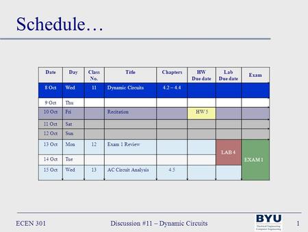 ECEN 301Discussion #11 – Dynamic Circuits1 DateDayClass No. TitleChaptersHW Due date Lab Due date Exam 8 OctWed11Dynamic Circuits4.2 – 4.4 9 OctThu 10.