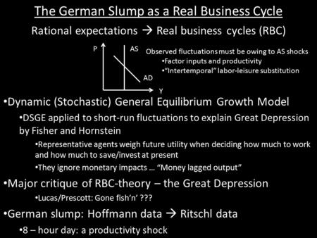 The German Slump as a Real Business Cycle Rational expectations  Real business cycles (RBC) Dynamic (Stochastic) General Equilibrium Growth Model DSGE.