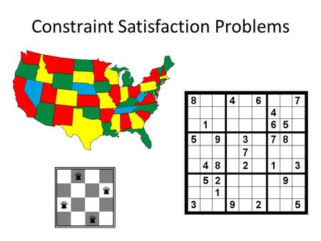 Constraint Satisfaction Problems. Constraint satisfaction problems (CSPs) Standard search problem: – State is a “black box” – any data structure that.
