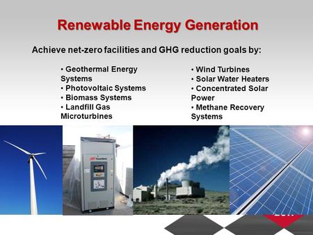 Renewable Energy Generation Geothermal Energy Systems Photovoltaic Systems Biomass Systems Landfill Gas Microturbines Wind Turbines Solar Water Heaters.