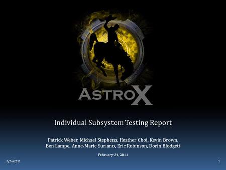 Individual Subsystem Testing Report Patrick Weber, Michael Stephens, Heather Choi, Kevin Brown, Ben Lampe, Anne-Marie Suriano, Eric Robinson, Dorin Blodgett.