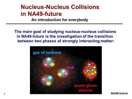 1 Nucleus-Nucleus Collisions in NA49-future An introduction for everybody The main goal of studying nucleus-nucleus collisions in NA49-future is the investigation.