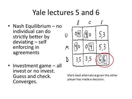 Yale lectures 5 and 6 Nash Equilibrium – no individual can do strictly better by deviating – self enforcing in agreements Investment game – all invest.