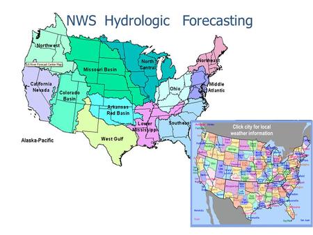 NWS Hydrologic Forecasting. Functions and relations 2 River Forecast Center WFO 1WFO 2WFO 3 Implementation, calibration and execution of river forecast.