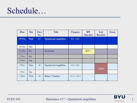 ECEN 301Discussion #17 – Operational Amplifiers1 DateDayClass No. TitleChaptersHW Due date Lab Due date Exam 29 OctWed17Operational Amplifiers8.1 – 8.2.