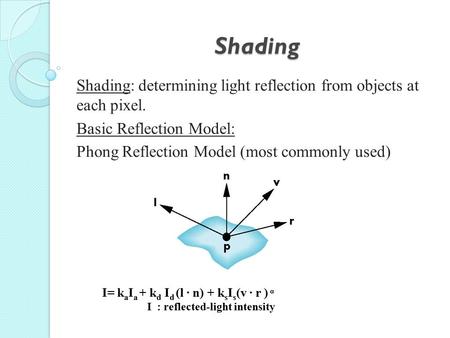 Shading Shading: determining light reflection from objects at each pixel. Basic Reflection Model: Phong Reflection Model (most commonly used) I= k a I.