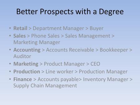 Better Prospects with a Degree Retail > Department Manager > Buyer Sales > Phone Sales > Sales Management > Marketing Manager Accounting > Accounts Receivable.