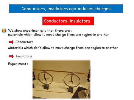 Conductors, insulators and induces charges Conductors, insulators We show experimentally that there are : materials which allow to move charge from one.