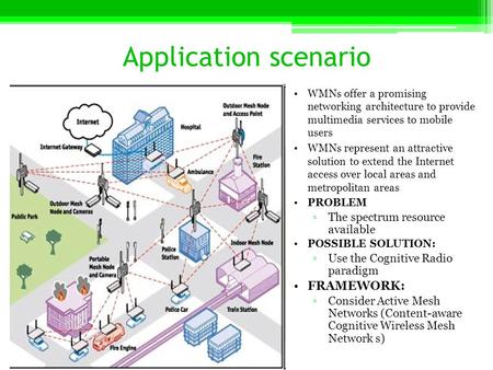 Application scenario WMNs offer a promising networking architecture to provide multimedia services to mobile users WMNs represent an attractive solution.
