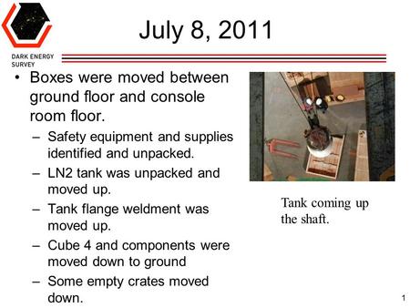 1 July 8, 2011 Boxes were moved between ground floor and console room floor. –Safety equipment and supplies identified and unpacked. –LN2 tank was unpacked.