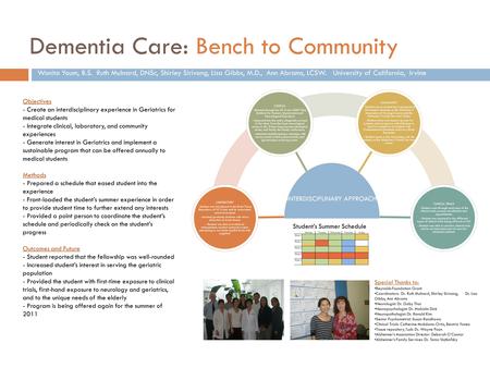 Dementia Care: Bench to Community INTERDISCIPLINARY APPROACH LABORATORY - Student was introduced to the Brain Tissue Repository of UC Irvine and its associated.