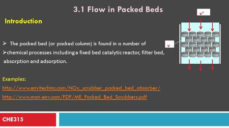 CHE315 3.1 Flow in Packed Beds v’ v  The packed bed (or packed column) is found in a number of  chemical processes including a fixed bed catalytic reactor,