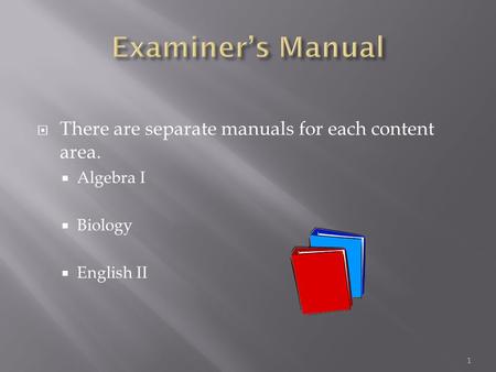  There are separate manuals for each content area.  Algebra I  Biology  English II 1.