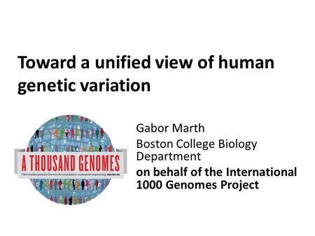 Toward a unified view of human genetic variation Gabor Marth Boston College Biology Department on behalf of the International 1000 Genomes Project.