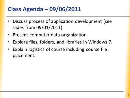 XP Class Agenda – 09/06/2011 Discuss process of application development (see slides from 09/01/2011) Present computer data organization. Explore files,