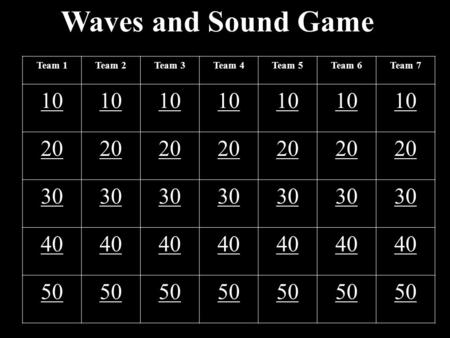 Waves and Sound Game Team 1Team 2Team 3Team 4Team 5Team 6Team 7 10 20 30 40 50.