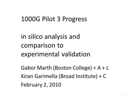 1000G Pilot 3 Progress in silico analysis and comparison to experimental validation Gabor Marth (Boston College) + A + L Kiran Garimella (Broad Institute)