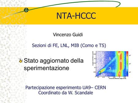 NTA-HCCC Stato aggiornato della sperimentazione Vincenzo Guidi Sezioni di FE, LNL, MIB (Como e TS) Partecipazione esperimento UA9– CERN Coordinato da W.