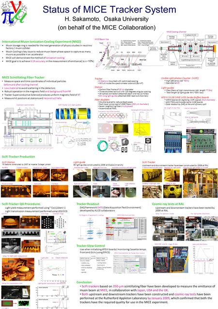 Status of MICE Tracker System H. Sakamoto, Osaka University (on behalf of the MICE Collaboration) International Muon Ionization Cooling Experiment (MICE)