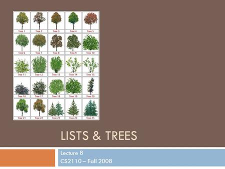 LISTS & TREES Lecture 8 CS2110 – Fall 2008. List Overview 2  Purpose  Maintain an ordered set of elements (with possible duplication)  Common operations.